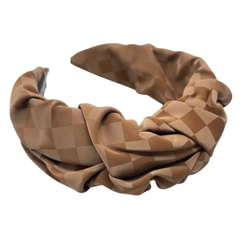 Brown Checkered Faux Leather Ruched Headband | Structured Handmade Accessory